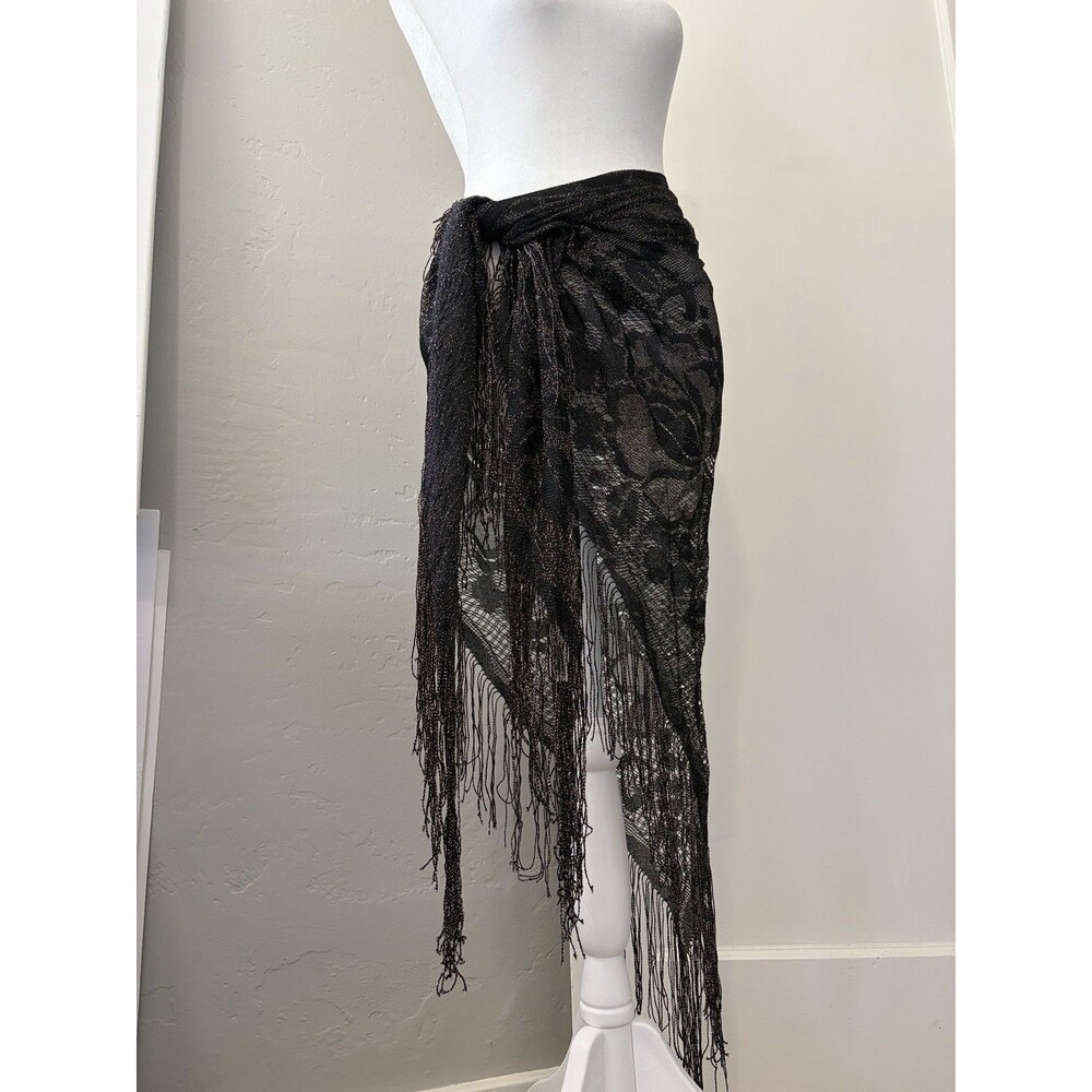 Vintage Ben Goodman Black Gold Metallic Lace Fringe Triangle Shawl Wrap FLAW - Picture 6 of 8